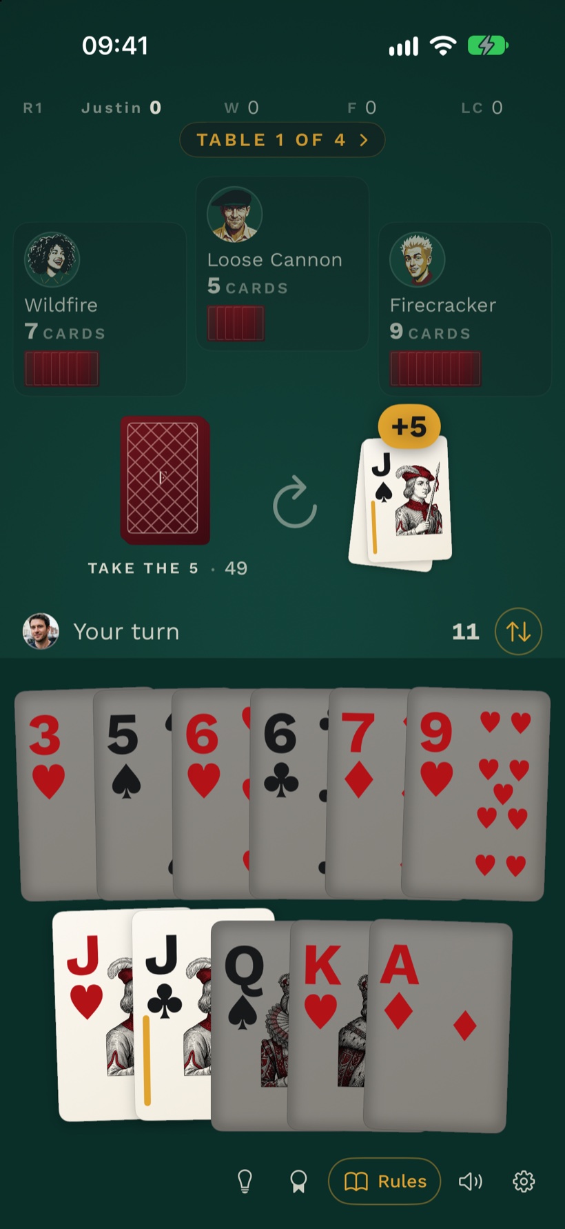 A Foista hand in play: three opponents with their card counts across the top, the draw and discard piles in the middle, and the player's hand of cards below
