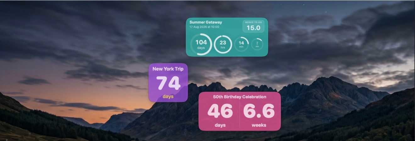 Three Nearing countdowns floating on a Mac desktop, in teal, purple and pink, each with rings for days, hours and minutes