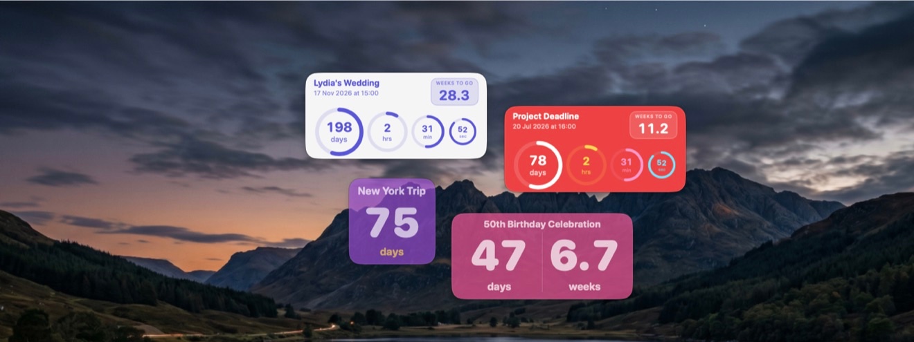 Five Nearing countdowns open at once on the desktop, in white, red, purple and pink, each with rings for days, hours, minutes and seconds