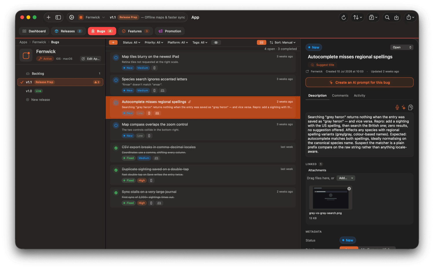 Shape n Ship's bug list with a bug's detail open alongside