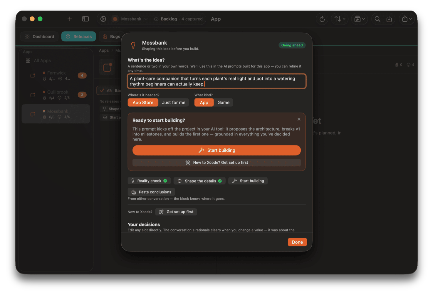Shape n Ship's concept wizard, scoring an app idea against demand, competition and effort before any code is written