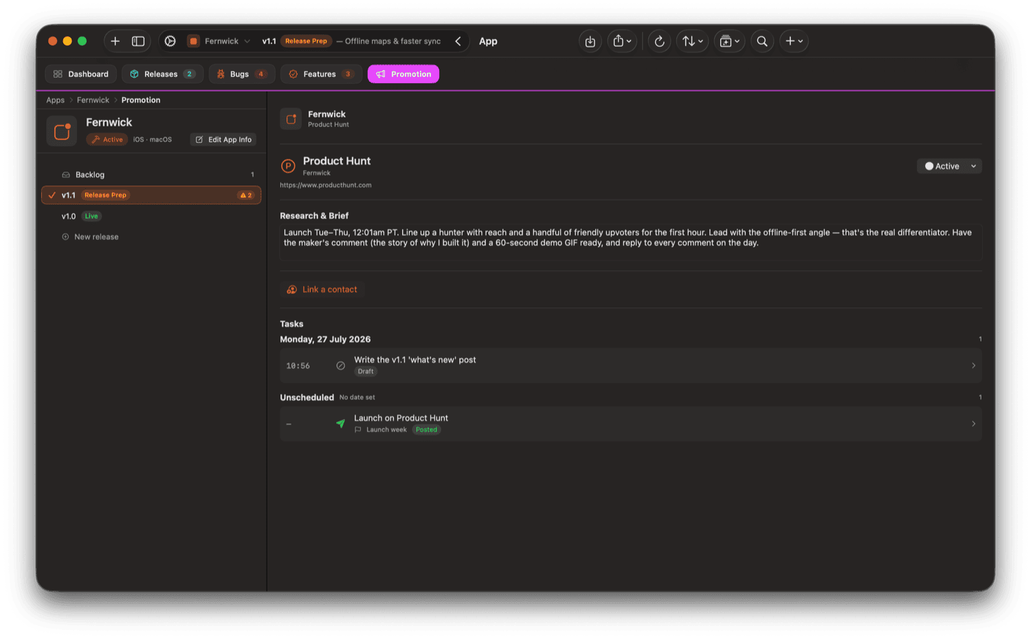 Shape n Ship's promotion planner with a Product Hunt launch brief and tasks