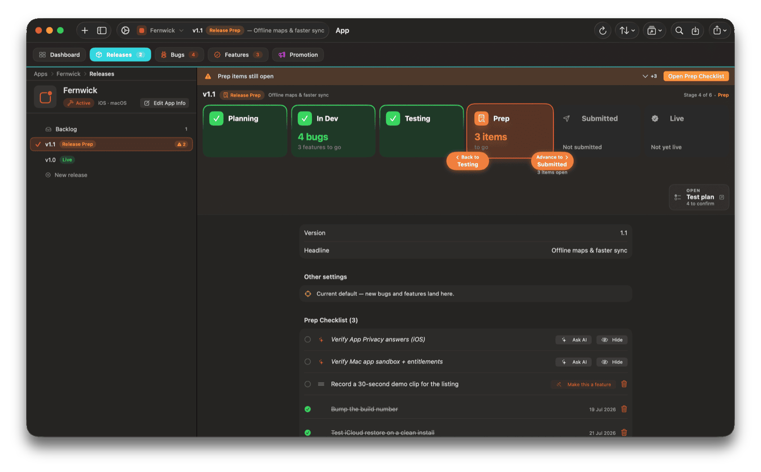 Shape n Ship's release prep checklist with App Privacy and sandbox verification items, each with an Ask AI button